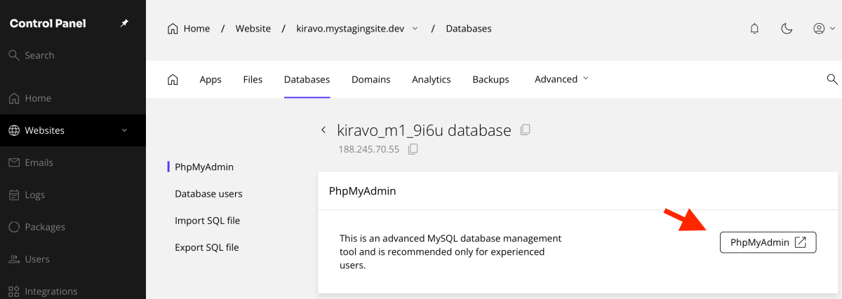 phpMyAdmin button in the control panel for Managed WordPress hosting