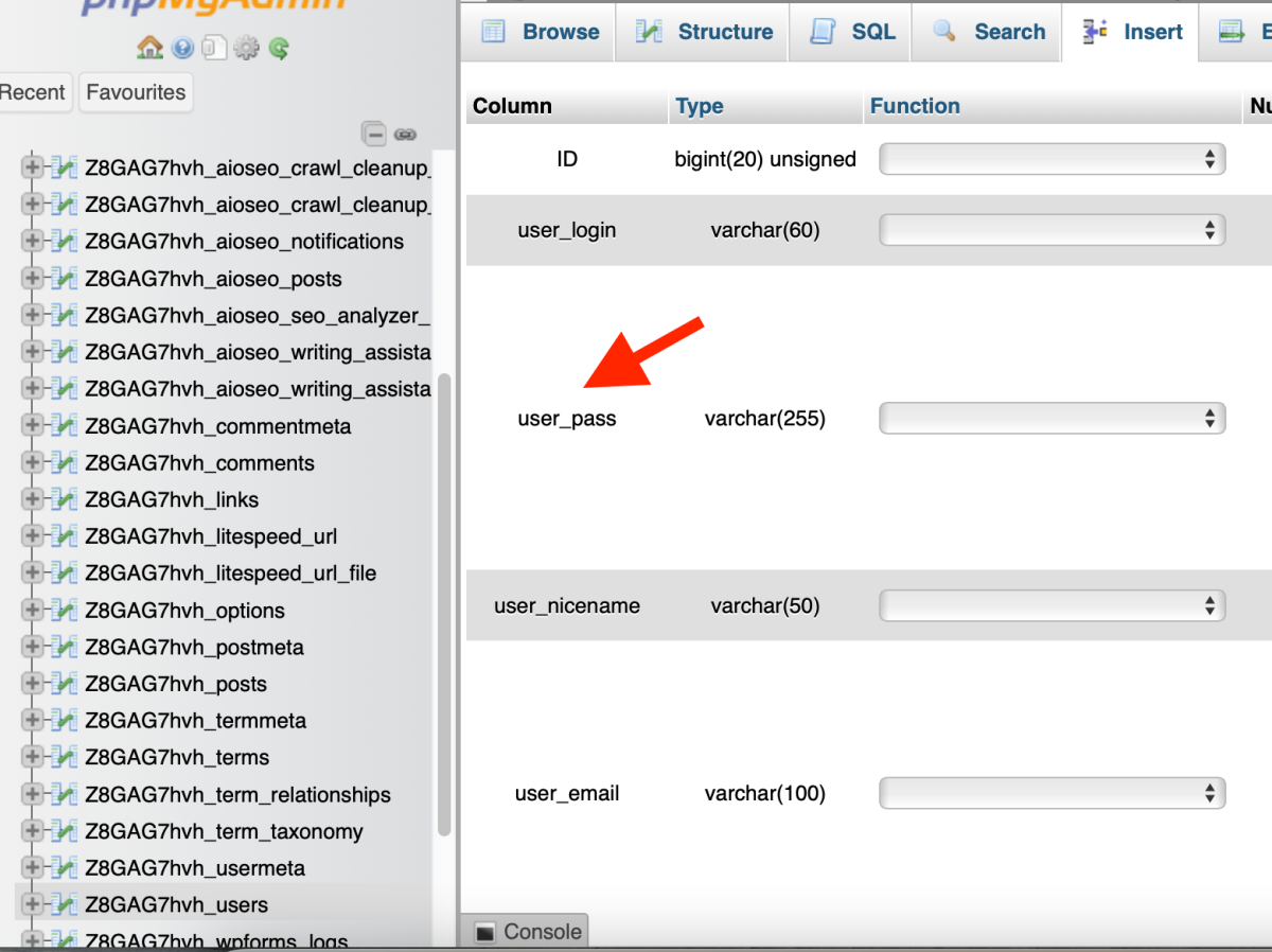 row user_pass in phpMyAdmin