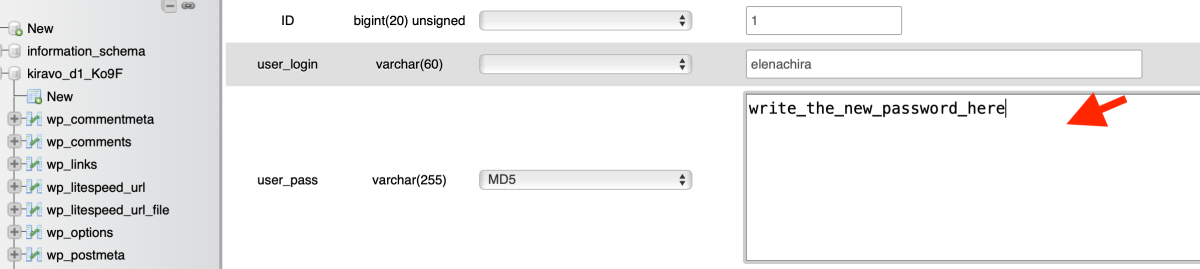 write new password in the value field in phpmyadmin