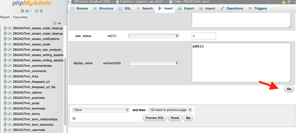 click the Go button on the bottom of the phpMyAdmin page