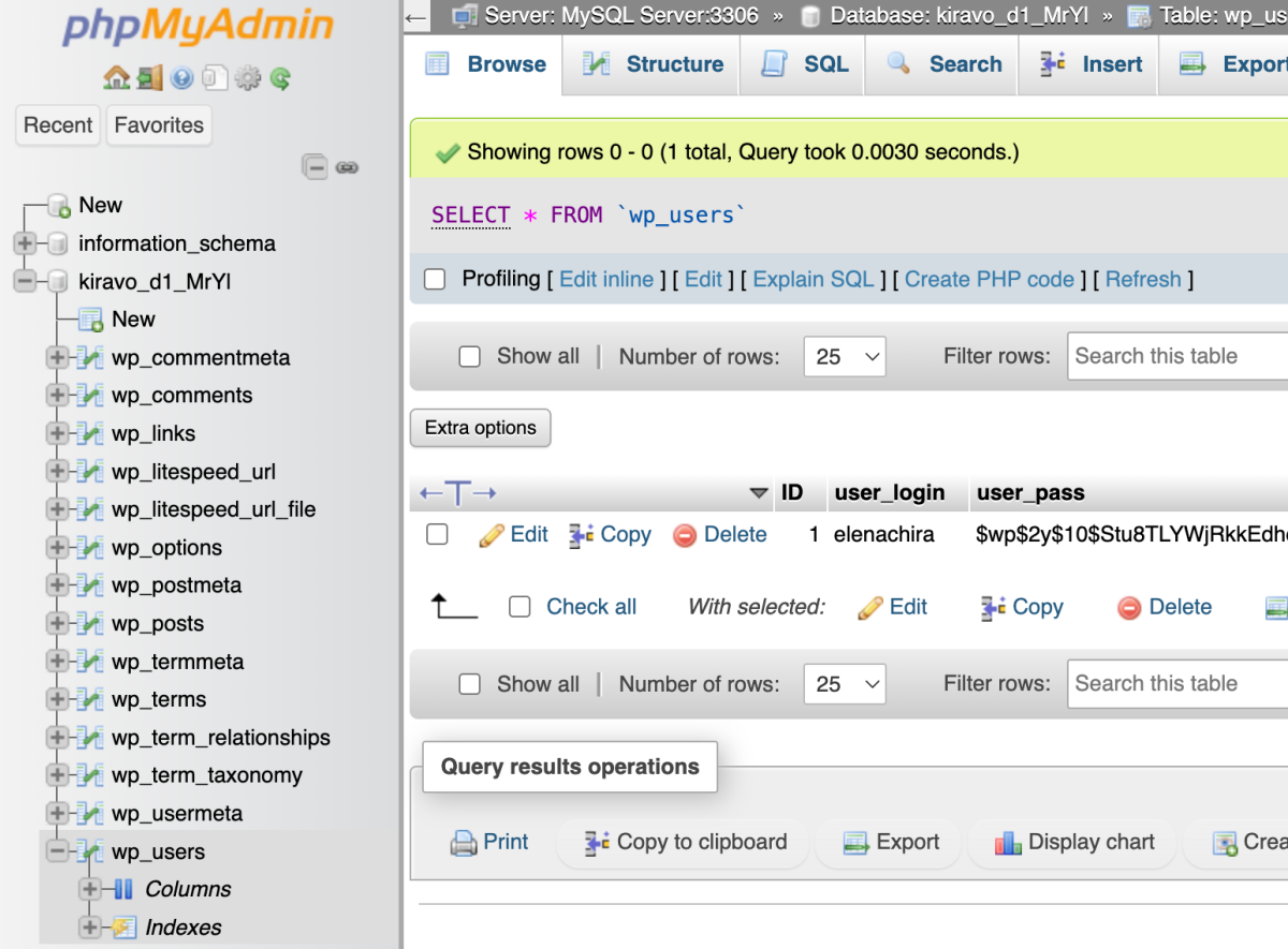 website users in phpMyAdmin